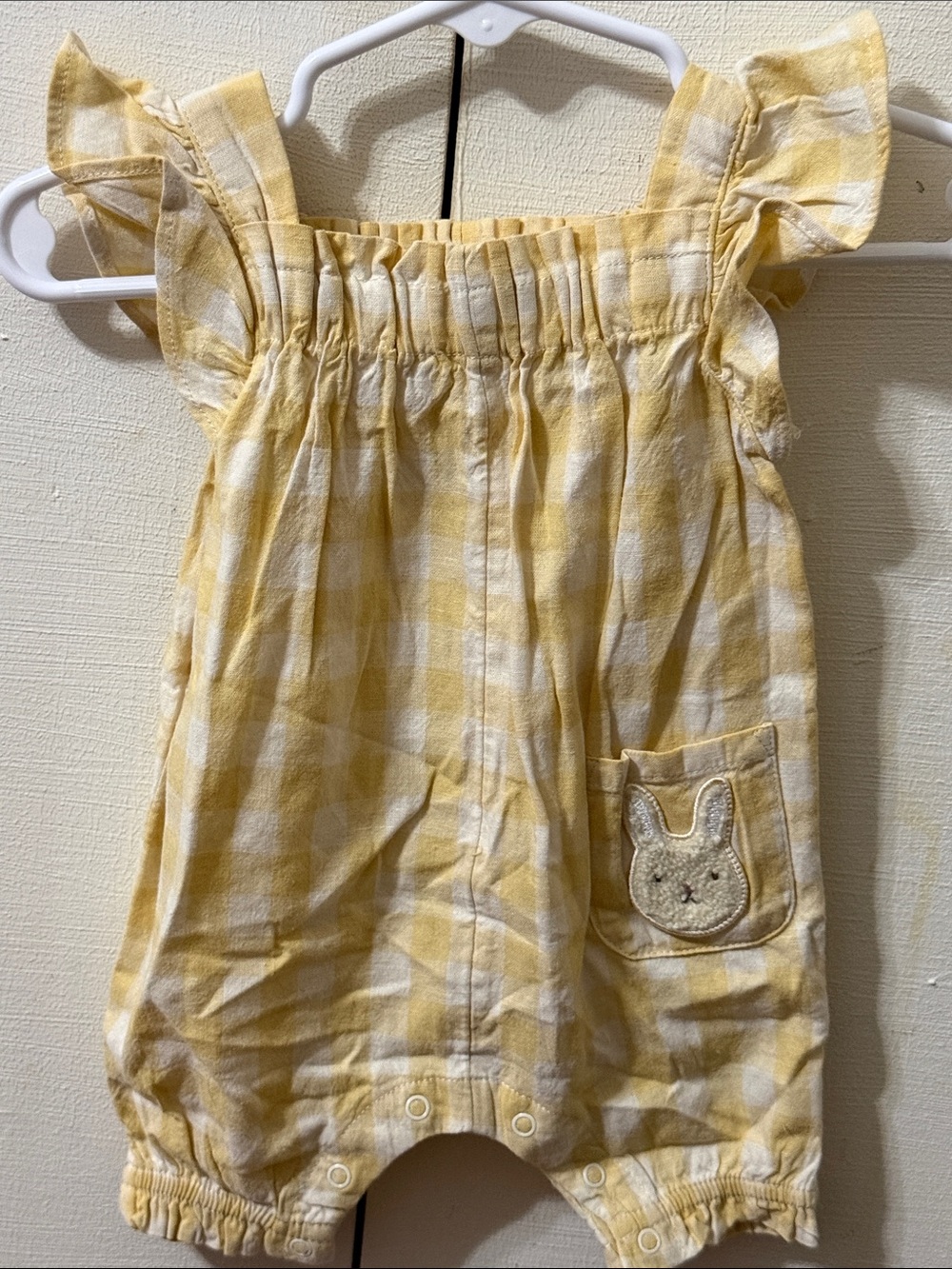 Yellow Gingham Baby Romper with Bunny Pocket:Never worn.